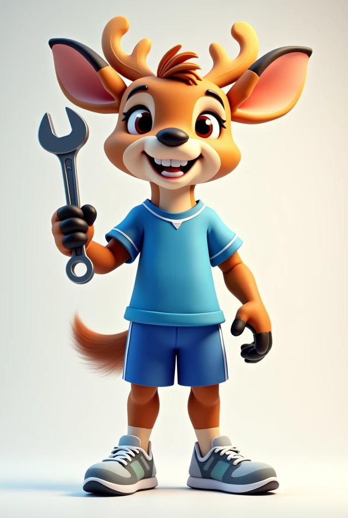 3d cartoon, realistic cartoon of a mascot deer, a furry mascot deer smiling and holding a stilson key, blue sports shirt and shorts, sneakers