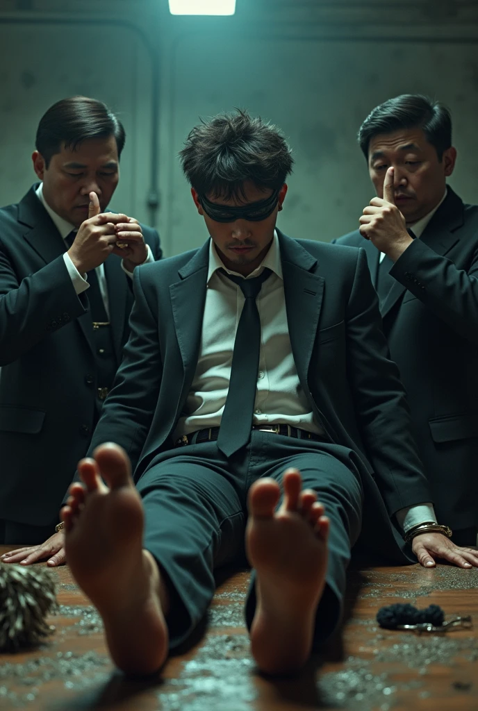 Malaysia malay handsome  23years  student 
He faint
Smelly feet
His hand handcuff in  abondon warehouse 
Blindfolded
handcuff
Formal Outfit 
Focus sweaty hot feet on desk
feather duster on desk
Dirty Black sock on desk
2 mafia pinch nose
