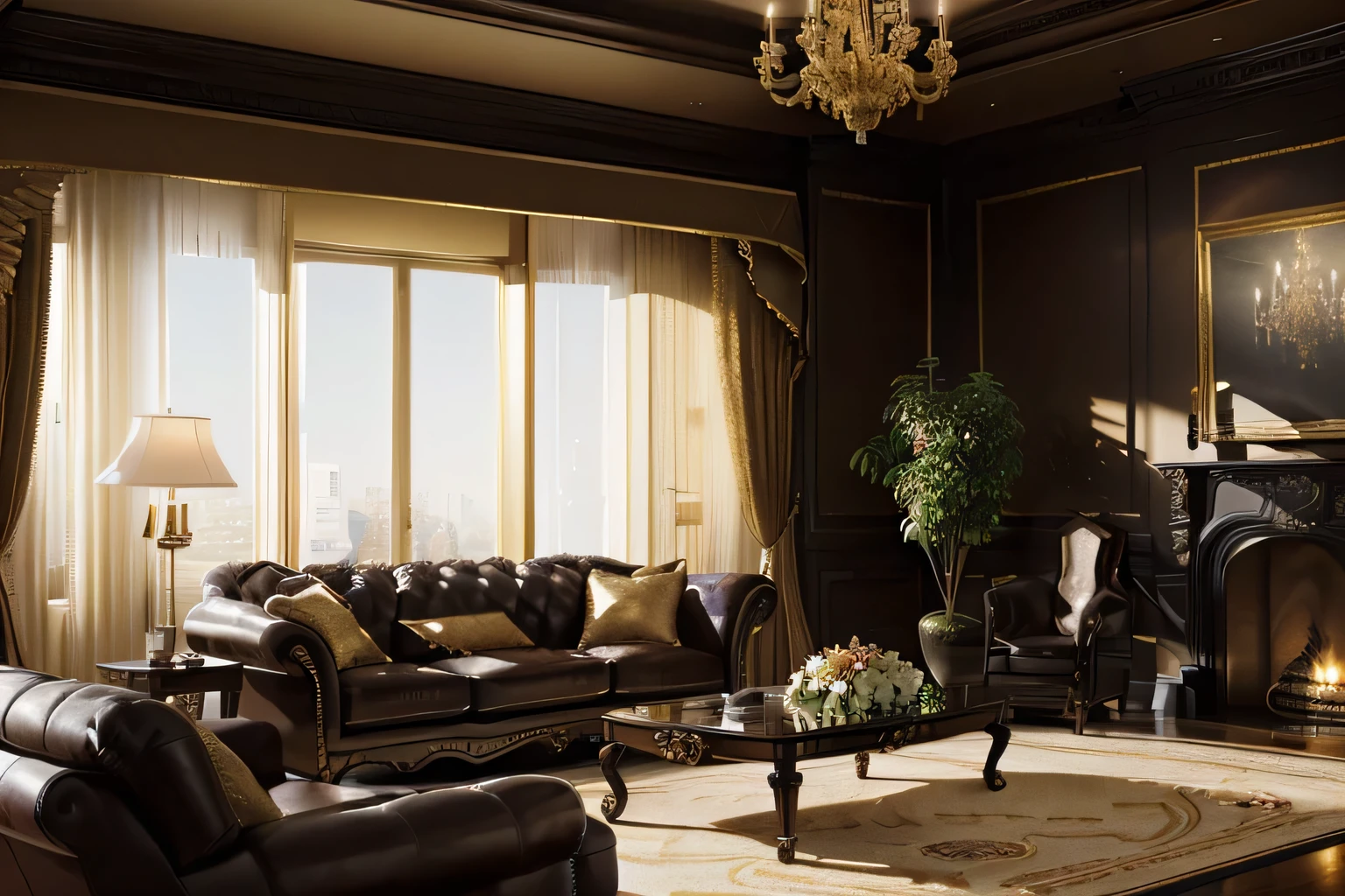 arafed living room with a fireplace and a chandelier, neo - classical style, living room, living room interior design, living room interior, interior living room, luxury condo interior, rich drapery, elegant and refined, dark classic interior, warm living room, dramatic artwork, interior design photography, rich lighting, dramatic rendering, neoclassical style, breathtaking detail, (hyper-extreme real), (almost-real)