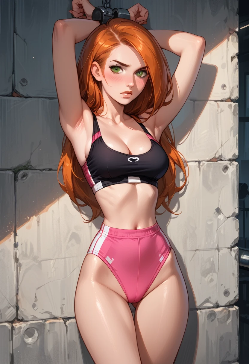 kim possible, detailed eyes, high detailing, narrow waist, 1girl, wearing (sexy pink gym attire:1.2), small perky breasts, cleavage, shy, blush, on wall, hands bound, serious, bound arms, hands behind head, arms up, thigh, rear view, sexy ass on display, (bondage, shackles)