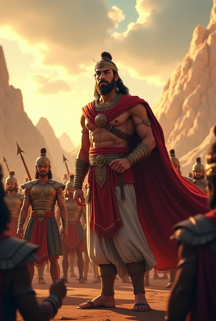 Generate in cinemetic 3d Cartoon**Confident Leadership:** Explore the thoughts of a leader who confidently addresses his mentor, highlighting the presence of key warriors in his army, reassuring them of their impending victory.in Mahabharat time pictures 