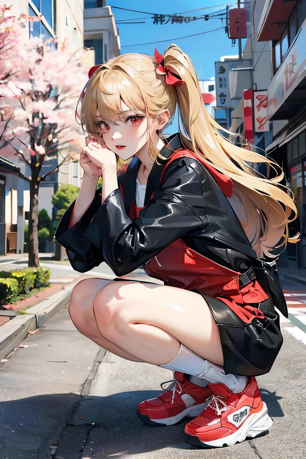 anime girl in red and white outfit bending over on the street, an anime drawing by Shitao, pixiv, auto-destructive art, beautiful anime girl squatting, the anime girl is crouching, oppai, thicc, seductive anime girl, small curvy , bending over, ahegao, trending on cgstation, giantess art