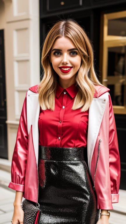Chiara Ferragni in clothes with a sensational design with lipstick and smiling