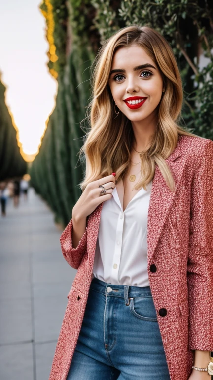 Chiara Ferragni in clothes with a sensational design with lipstick and smiling