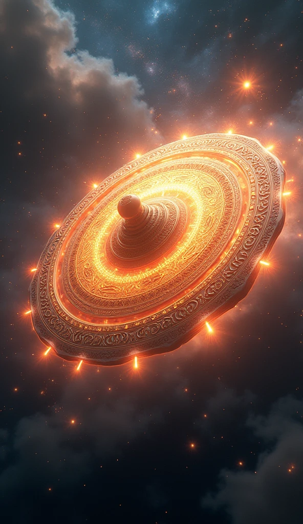 A depiction of the Sudarshan Chakra in motion, symbolizing its readiness to protect dharma and destroy adharma. The Chakra is spinning through a vast cosmic space, cutting through darkness with its radiant light. Stars and galaxies in the background emphasize its supreme power and universal significance.
