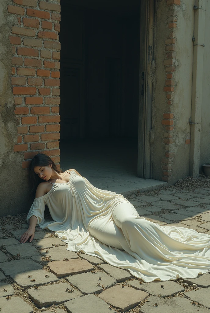 Sleeping goddess sprawled in front of a dirty brick building with bugs crawling around on the street