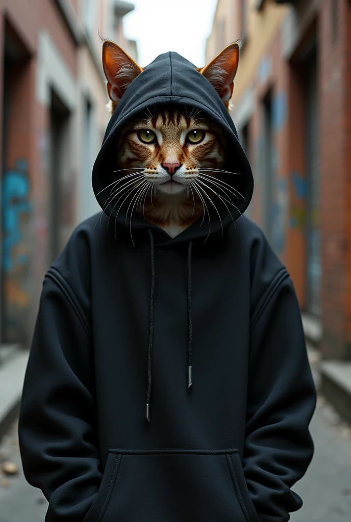 A cat wearing a black hoodie written massive Gang