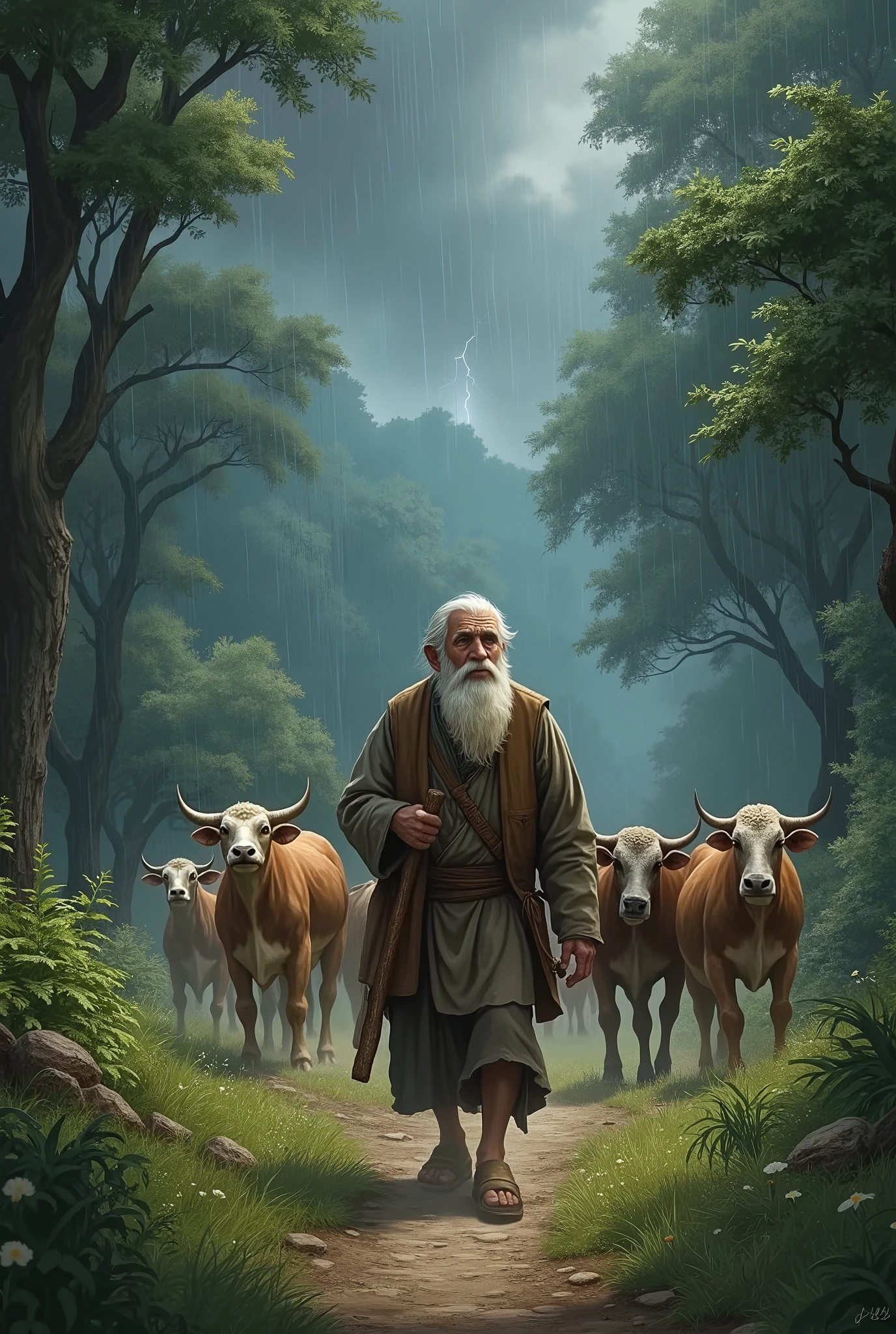 A old man enters into to deep forest as sheperd with cows and goats with small pets and then suddenly rain starts with drizzling then suddenly he runs to protect himself then all  cows ran into forest then sheperd ran holding a stick and run with animals  then clouds surround with thunders and stroms then he fastly runs into small farm