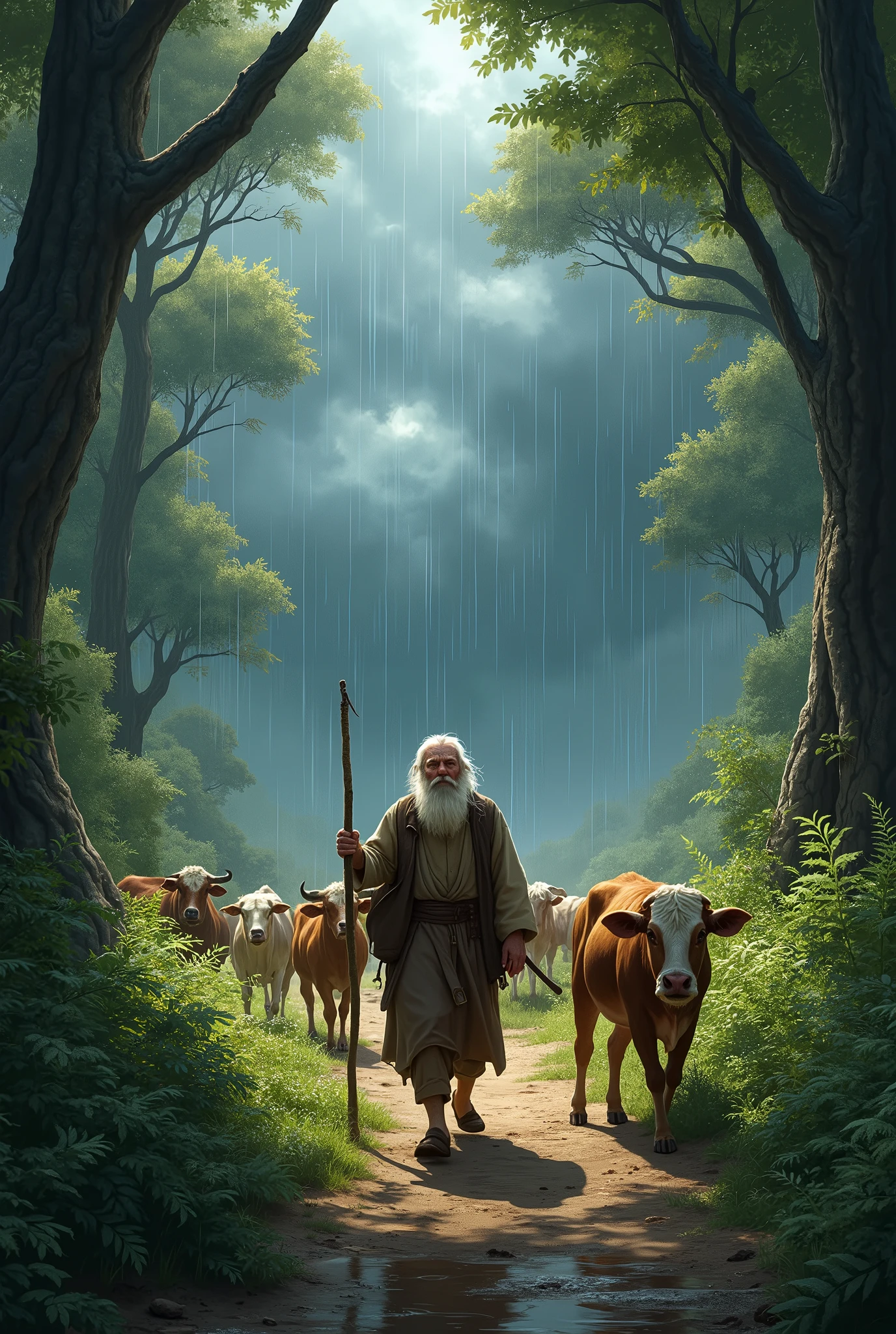 A old man enters into to deep forest as sheperd with cows and goats with small pets and then suddenly rain starts with drizzling then suddenly he runs to protect himself then all cows ran into forest then sheperd ran holding a stick and run with animals then clouds surround with thunders and stroms then he fastly runs into small farm