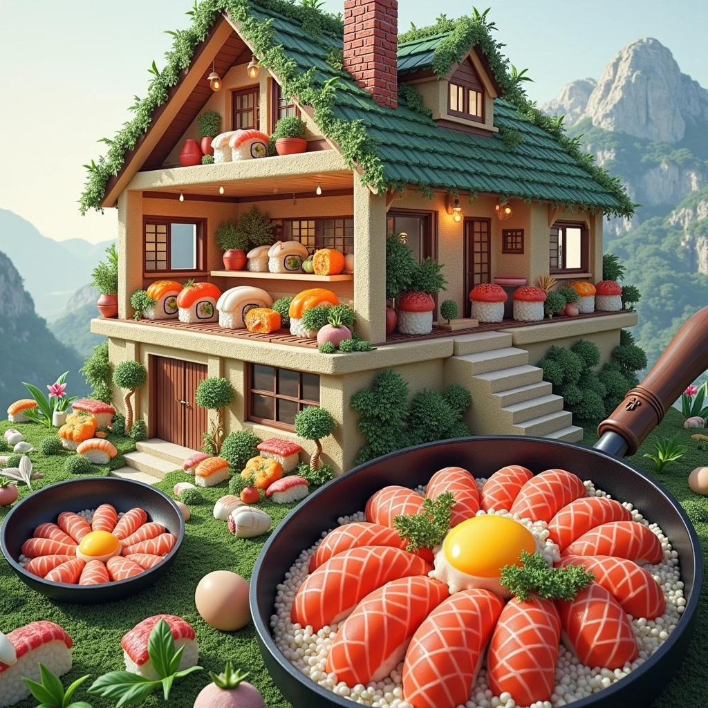 ((masterpiece, 8k, best quality, 8k, super realistic, high resolution:1.3)), realistic house, 2 storey house, 2 meter house, house made of sushi, sushi world, Sashimi in a frying pan, chimney coming out eggs, wasabi world, wall made of cooked rice, Japanese sushi varieties.