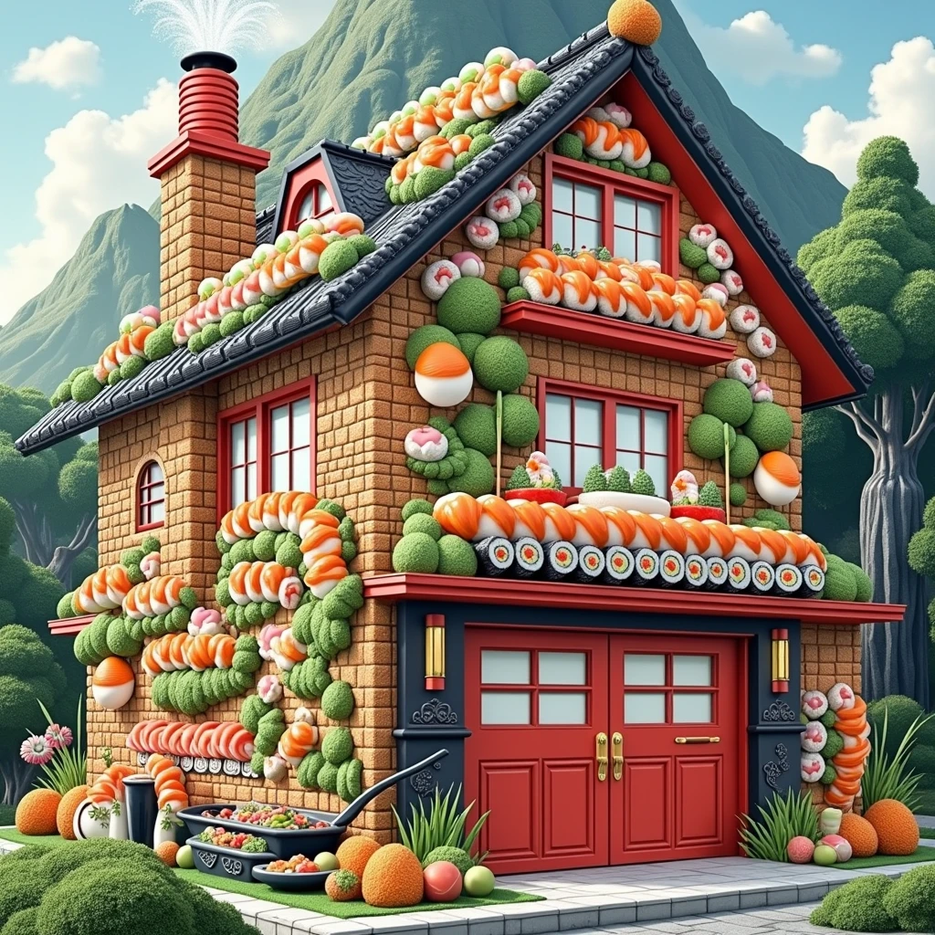 ((masterpiece, 8k, best quality, 8k, super realistic, high resolution:1.3)), realistic house, 2 storey house, 2 meter house, house made of sushi, sushi world, Sashimi in a frying pan, chimney coming out eggs, wasabi world, wall made of cooked rice, Japanese sushi varieties.