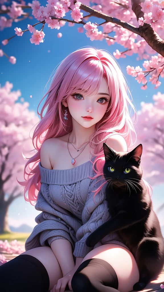 a girl with pink hair sitting under a tree with cherry blossoms, wearing off-shoulder sweater, short shorts, thighhighs, necklace and jewelry, with a black cat, blurry background, depth of field, best quality, 4k, 8k, highres, masterpiece:1.2, ultra-detailed, realistic, photorealistic, photo-realistic:1.37, HDR, UHD, studio lighting, ultra-fine painting, sharp focus, physically-based rendering, extreme detail description, professional, vivid colors, bokeh, portraits