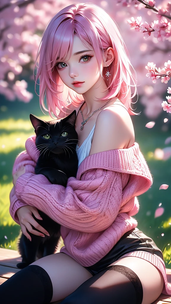 a girl with pink hair sitting under a tree with cherry blossoms, wearing off-shoulder sweater, short shorts, thighhighs, necklace and jewelry, with a black cat, blurry background, depth of field, best quality, 4k, 8k, highres, masterpiece:1.2, ultra-detailed, realistic, photorealistic, photo-realistic:1.37, HDR, UHD, studio lighting, ultra-fine painting, sharp focus, physically-based rendering, extreme detail description, professional, vivid colors, bokeh, portraits