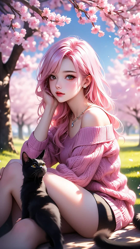 a girl with pink hair sitting under a tree with cherry blossoms, wearing off-shoulder sweater, short shorts, thighhighs, necklace and jewelry, with a black cat, blurry background, depth of field, best quality, 4k, 8k, highres, masterpiece:1.2, ultra-detailed, realistic, photorealistic, photo-realistic:1.37, HDR, UHD, studio lighting, ultra-fine painting, sharp focus, physically-based rendering, extreme detail description, professional, vivid colors, bokeh, portraits