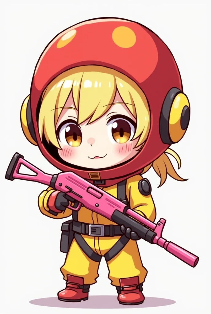 DESSIN CHIBI D UN PERSONAGE FILLE AU CHEVEUX BLOND DU JEUX VIDEO RUST EN HAZMAT ROUGE SUR LA TETE ET JAUNE SUR LE CORT AVEC UNE AK ROSE DANS LES MAINS