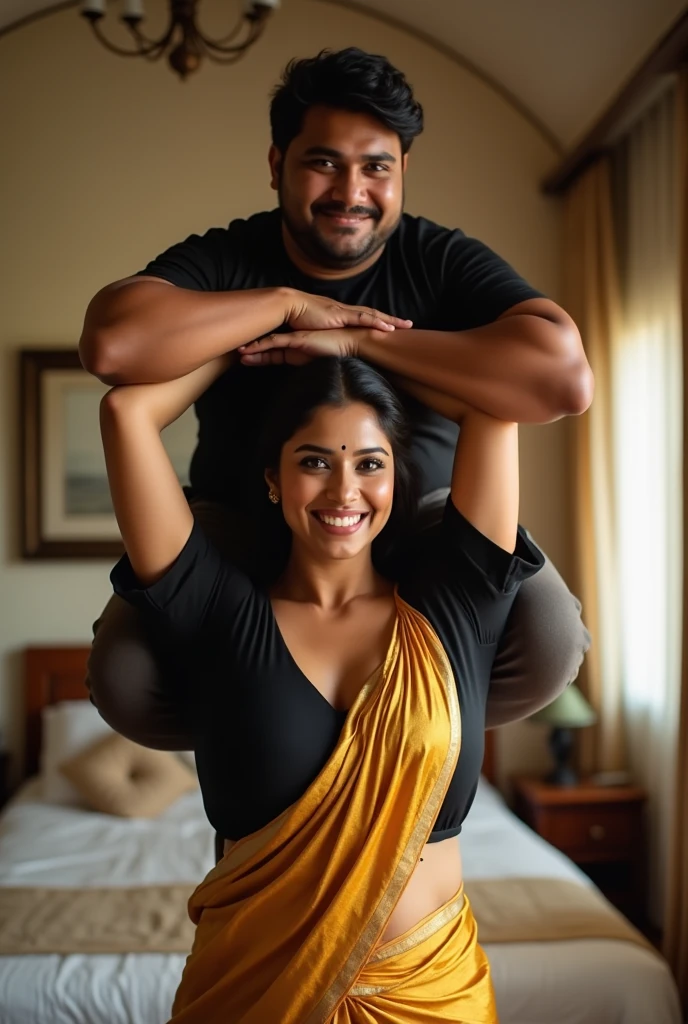 Beautiful and Slim, Sexy Indian woman in black blouse golden saree lifting a large chubby man above her shoulders, man is sitting on woman's shoulders, in a bedroom with high ceiling, natural smile, woman is looking into the camera , full body image