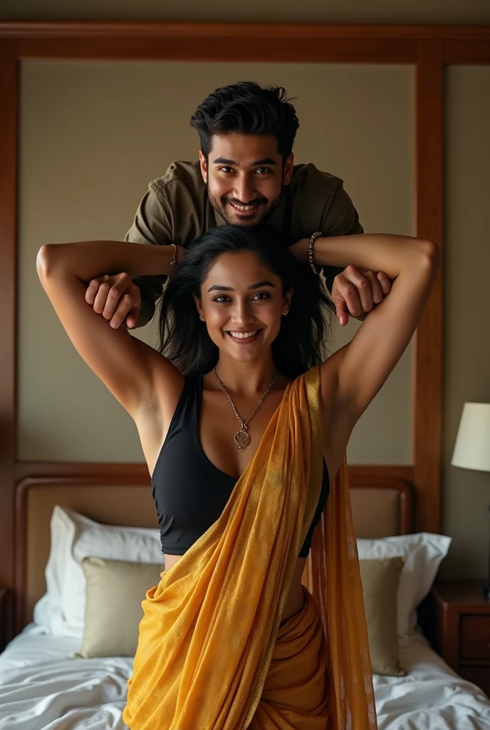 Beautiful and Slim, Sexy Indian woman in black blouse golden saree lifting a large chubby man above her shoulders, man is sitting on woman's shoulders, in a bedroom with high ceiling, natural smile, woman is looking into the camera , full body image 