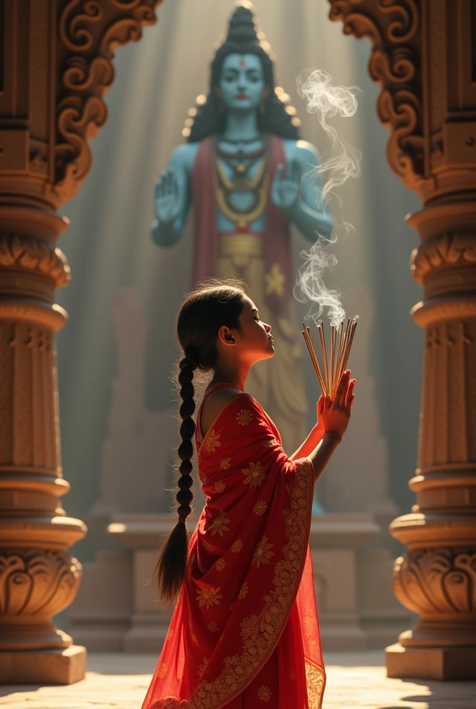 Nepali girl wearing a red saree worshiping lord shiva with insences in hand