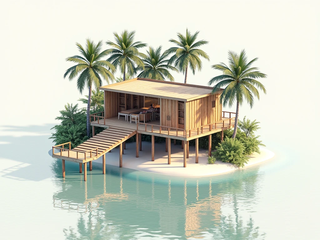 Architectural isometric of a stilt house built on water