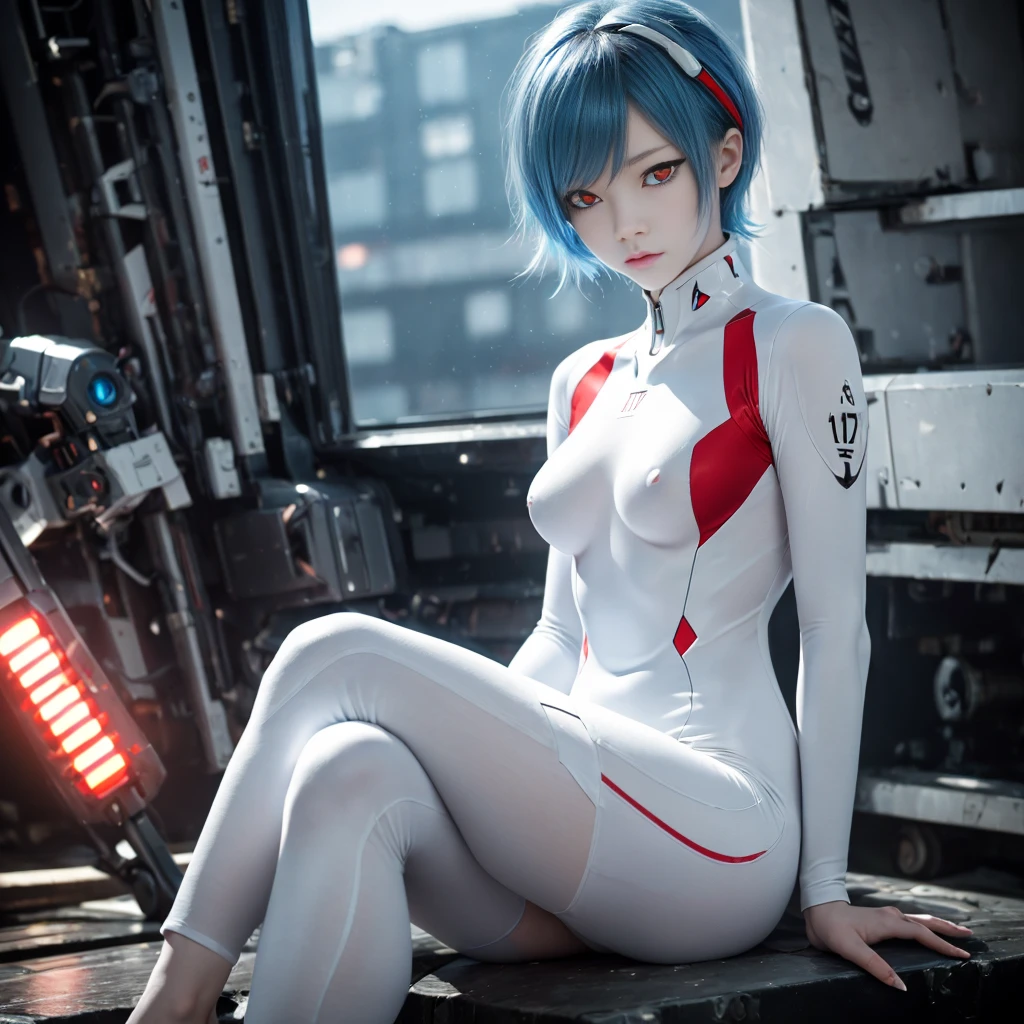 (8k, RAW photo, highest quality, refined details, Masterpiece: 1.2), (high resolution 8k wallpaper), sharp focus, professional lighting, depth of field, cinematic lighting, background blur, Evangelion ayanamirei. She is a Japanese woman with blue hair, (pale skin:1.6),(red eyes:1.6), and a white plug suit. Her futuristic background and realistic style with a cool look are her hallmarks. Quiet atmosphere like science fiction,full body,(small breasts:1.6),