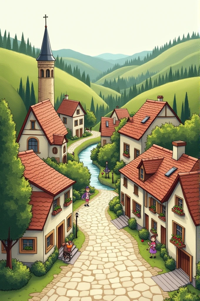 A hand drawn drawing of a peaceful town