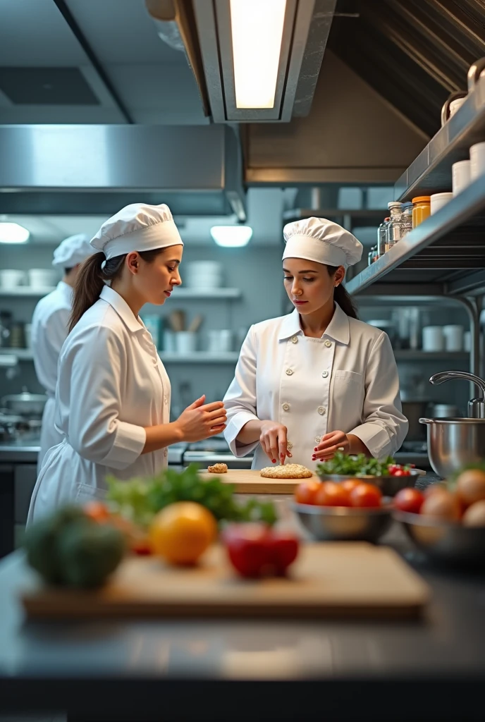 2 women. An intern, Youngh, of nutrition in a food and nutrition unit, inside a kitchen, with kitchen cap and lab coat. with teacher, middle-aged, also dressed the same way, guiding her
