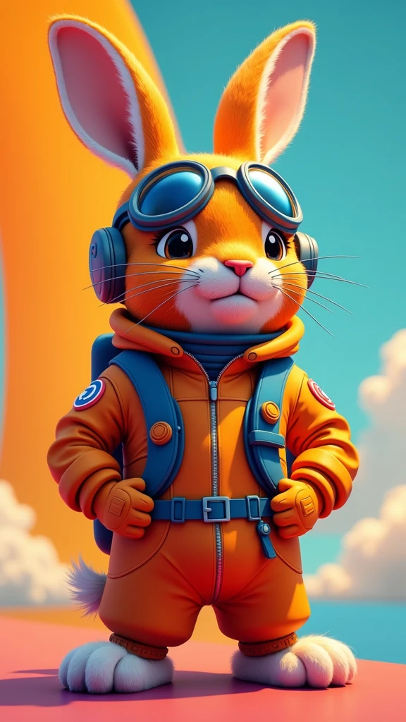 image of referral discount offer with image of bright orange hare as if it were an airplane pilot with aviator glasses and astronaut uniform