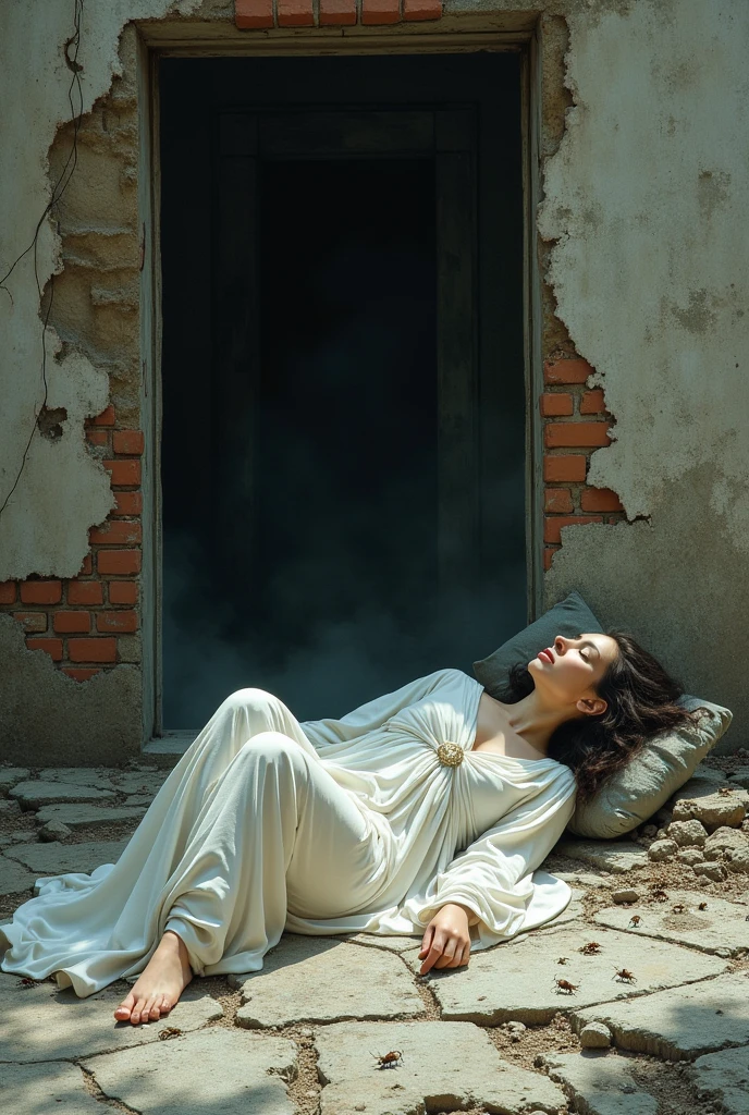 Sleeping goddess sprawled in front of a dirty brick building with bugs crawling around on the street