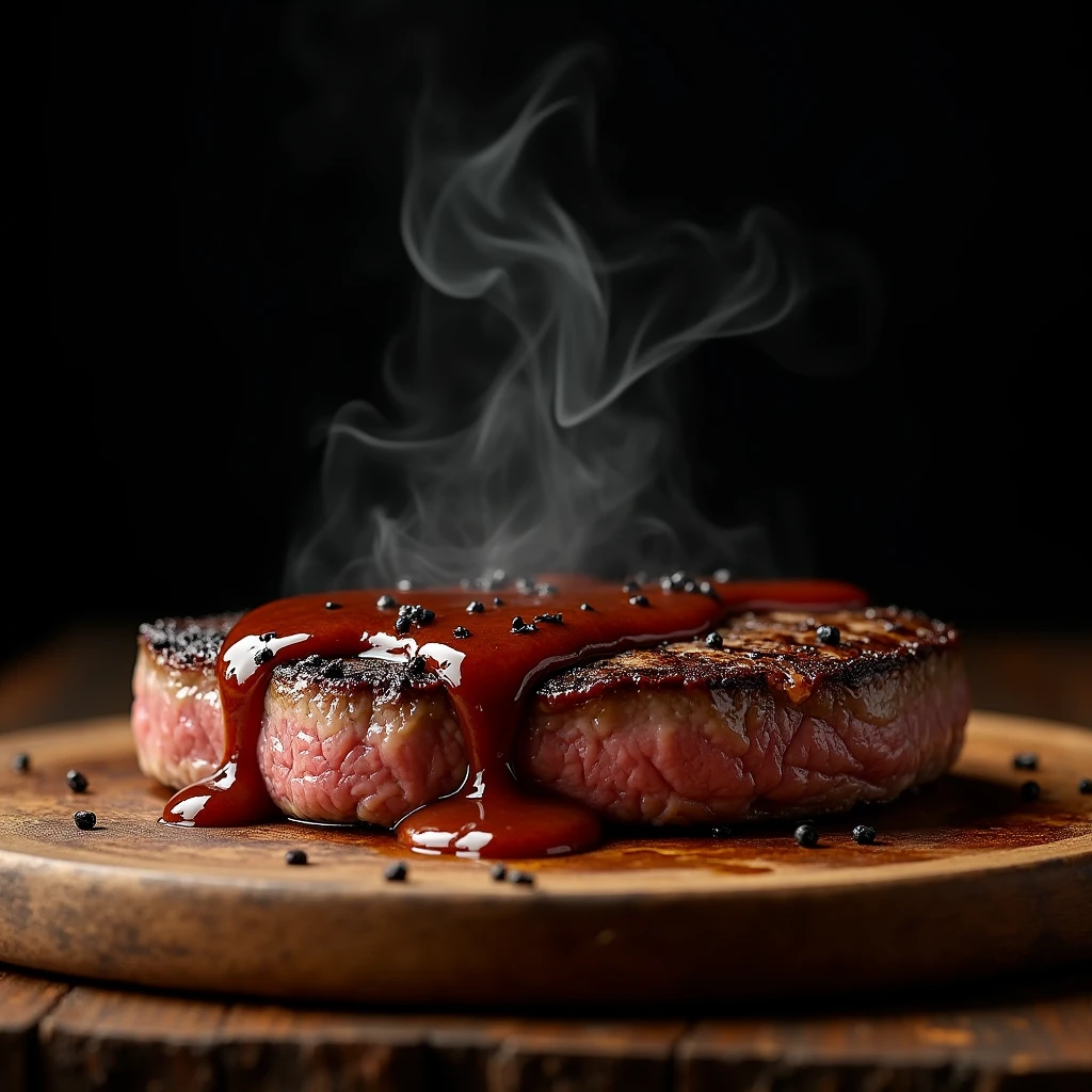 Steak recipe clean picture realistic food, steaming hot, peppercorn sauce on top of the steak and dripping off the side of the steak, on rustic wood floor, placed on a dark background, medium contrast