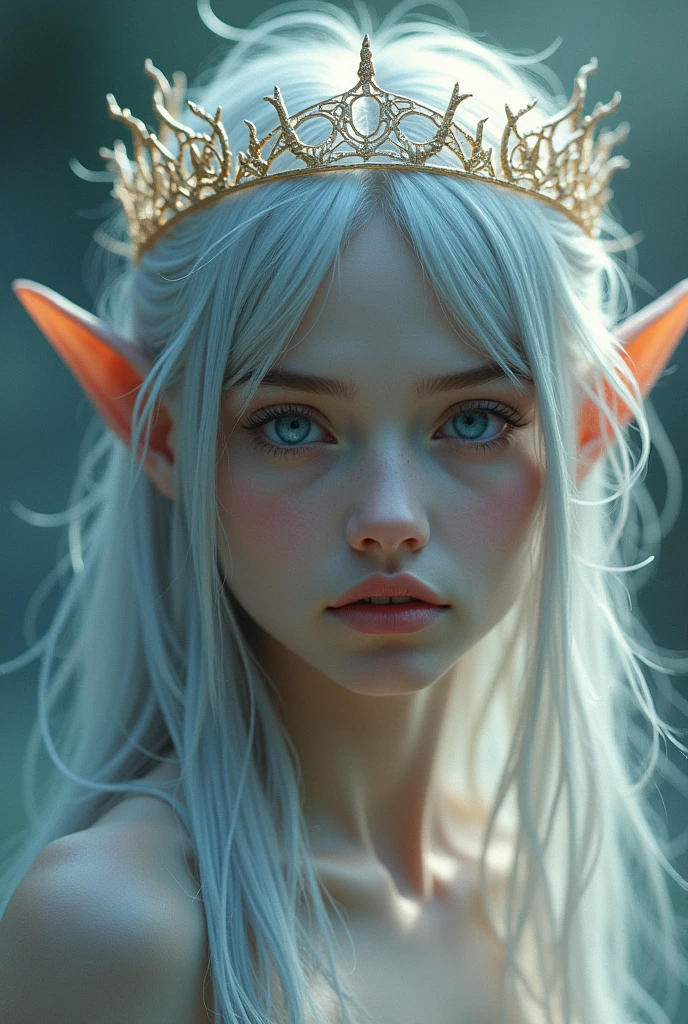 like your slightly pointy ears,a circular transparent crown that looks like it is made of thorns, that crown floated above the woman's head, the crown did not float.And what caught the most attention was the beauty of that woman, she was so beautiful with her long, silver hair., and her blue eyes gave her an aura of purity with her thin lips and her face that seemed to have been sculpted by an artist the woman was aut