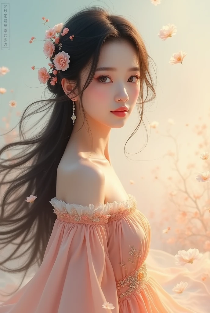 A cute asian girl qith beautiful long dress long hair and beautiful
