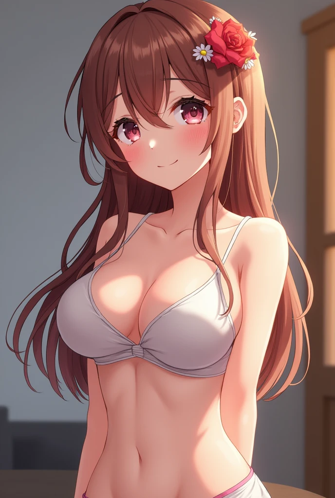 Beautiful anime girl with big breasts and exposed nipples
