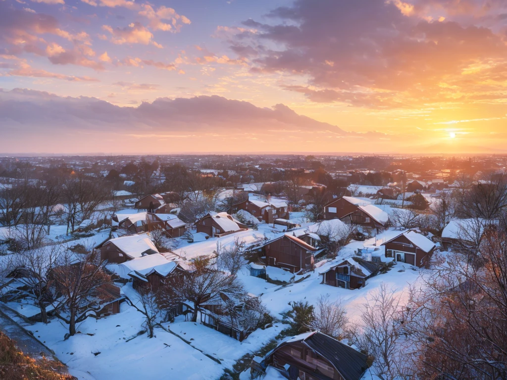 morning in the village, frost on the grass, a decrepit fence made of small slats, an old small house with a chimney, a very beautiful sunrise, professional photo, beautiful, realistic, 8k, high detail, high resolution