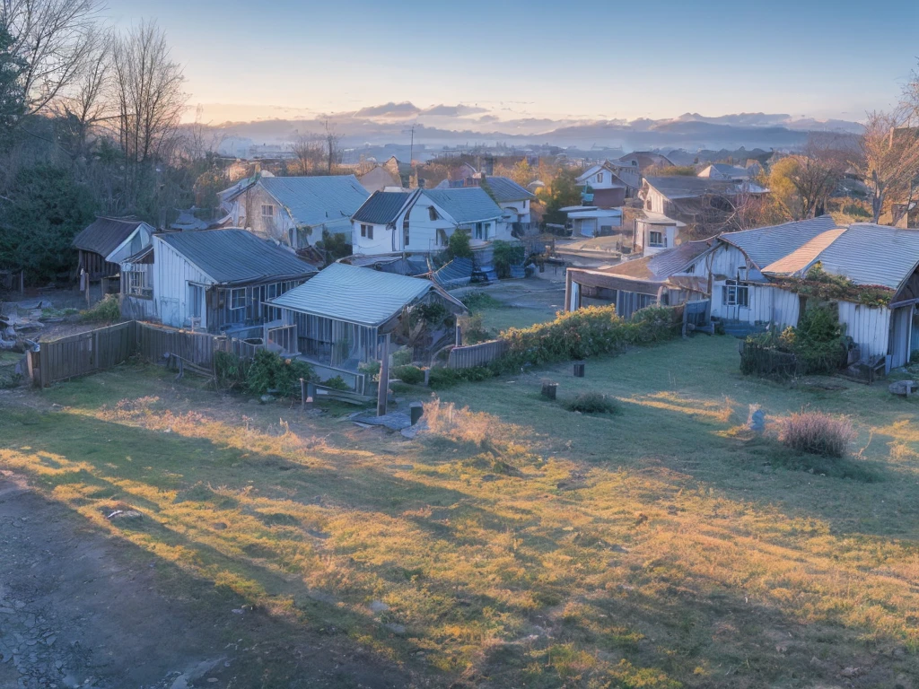 morning in the village, frost on the grass, a decrepit fence made of small slats, an old small house with a chimney, a very beautiful sunrise, professional photo, beautiful, realistic, 8k, high detail, high resolution