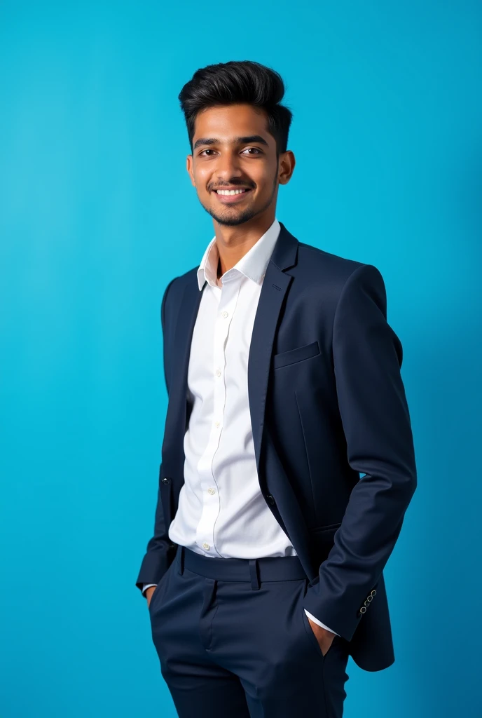 1 Indian boy wearing formals and posing for linked in blue colour background