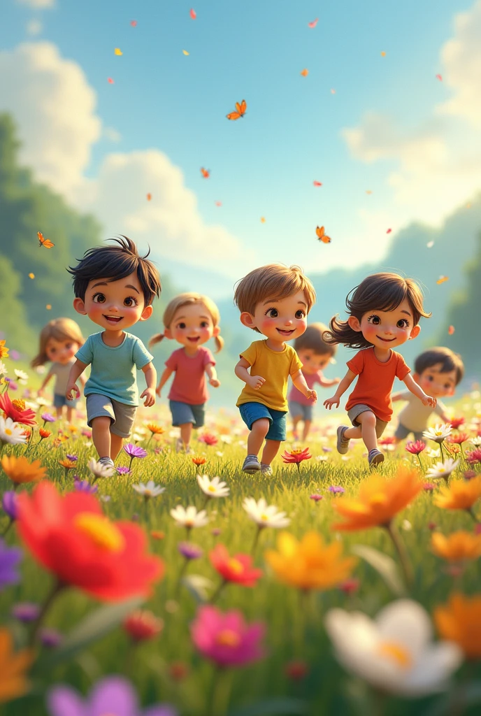 children, 4 boys and 3 girls in a field with flowers