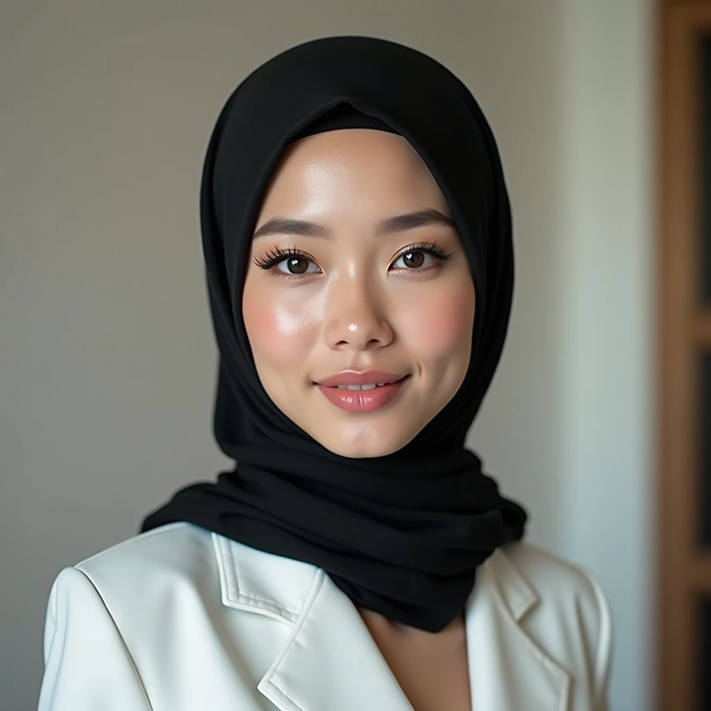 A beautiful 1 Asian girl, wearing a black hijab, is taking a selfie with her face very close to the camera. She is dressed in fashionable and elegant white attire paired with black pants. Her expression is one of high value, showcasing confidence and grace.