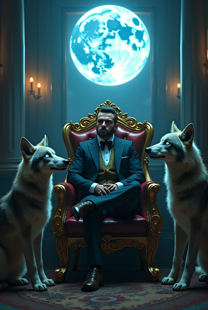 create a illusion image where a man in luxury suit wearing cap sitting on king size luxury white and gold chair and behind the chair there is a effect of wolf with blue eyes, and many small wolf are looking at moon and there is big moon in background 
in background "wolf" written at the wall just above the character with neon glowing effects.