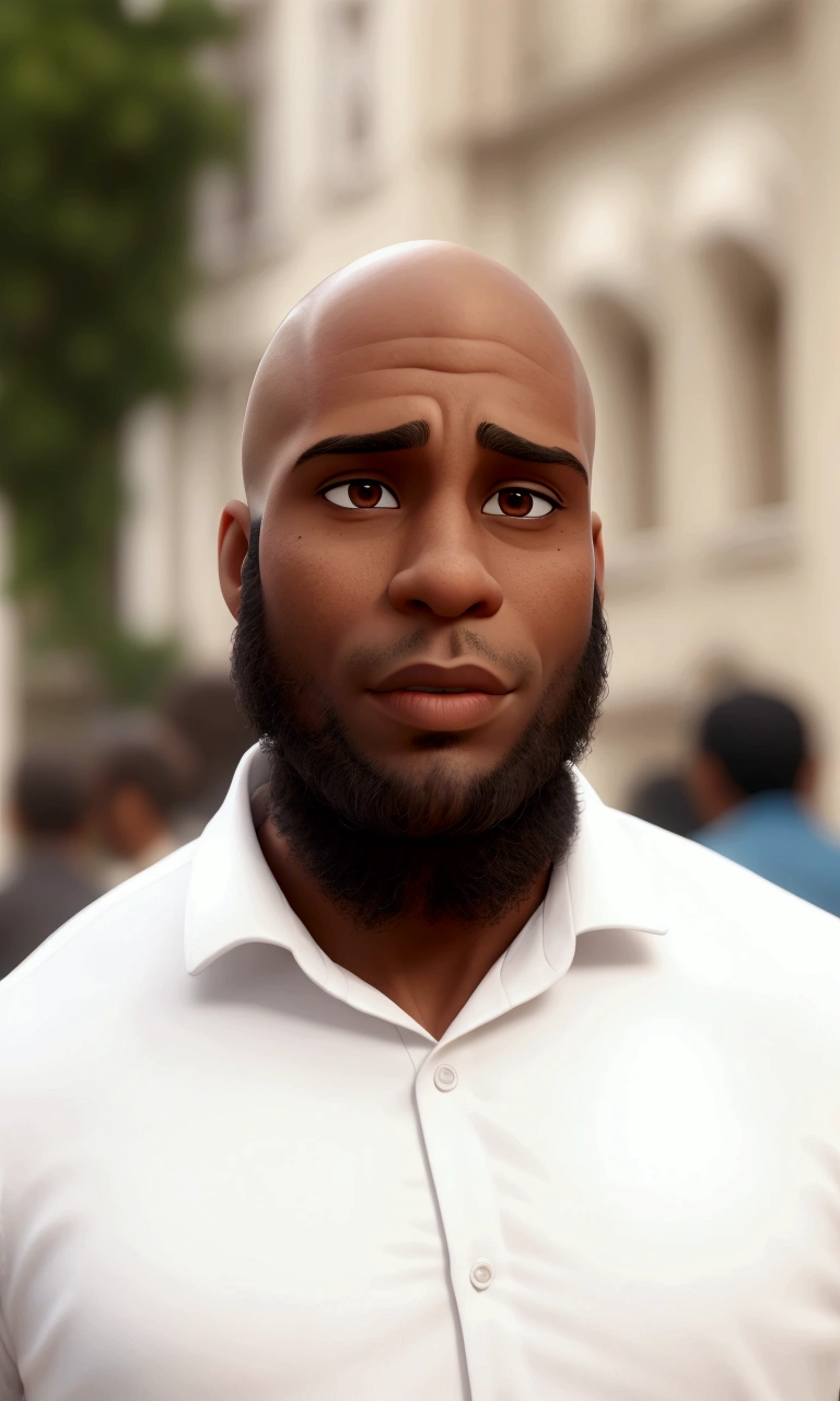 A bald handsome dark brown man wearing a white shirt