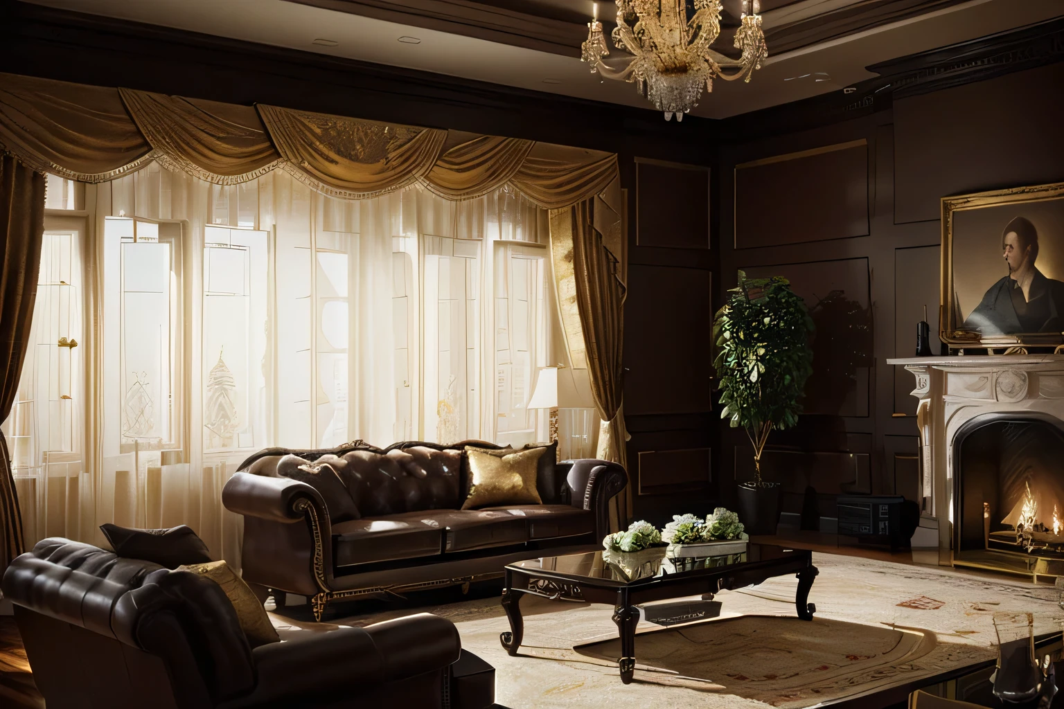 arafed living room with a fireplace and a chandelier, neo - classical style, living room, living room interior design, living room interior, interior living room, luxury condo interior, rich drapery, elegant and refined, dark classic interior, warm living room, dramatic artwork, interior design photography, rich lighting, dramatic rendering, neoclassical style, breathtaking detail, (hyper-extreme real), (almost-real)