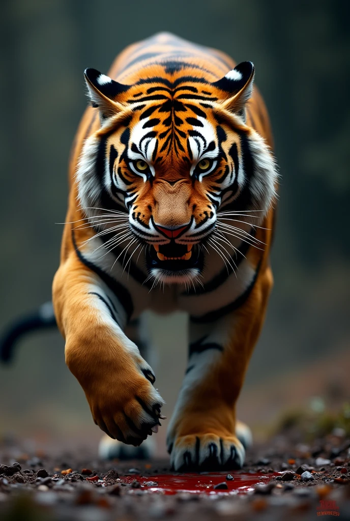 Tiger with angry mood and runing with blood drops on face