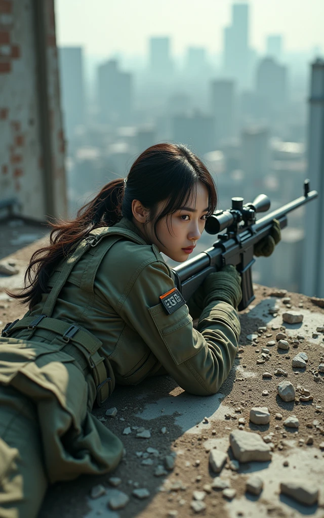 Ultra-high resolution,High-resolution details,Photo real, , (1 Korean female sniper,Super beautiful,Super white face), (Wearing Army Camouflage), Large breasts, (Tactical Vest, Military wiring harness), (Military boots)(Lying on the ground aiming with a sniper)98k、On the rooftop of a dilapidated high-rise building(full-body shot,panorama distant view,Wide-angle lens)American GI