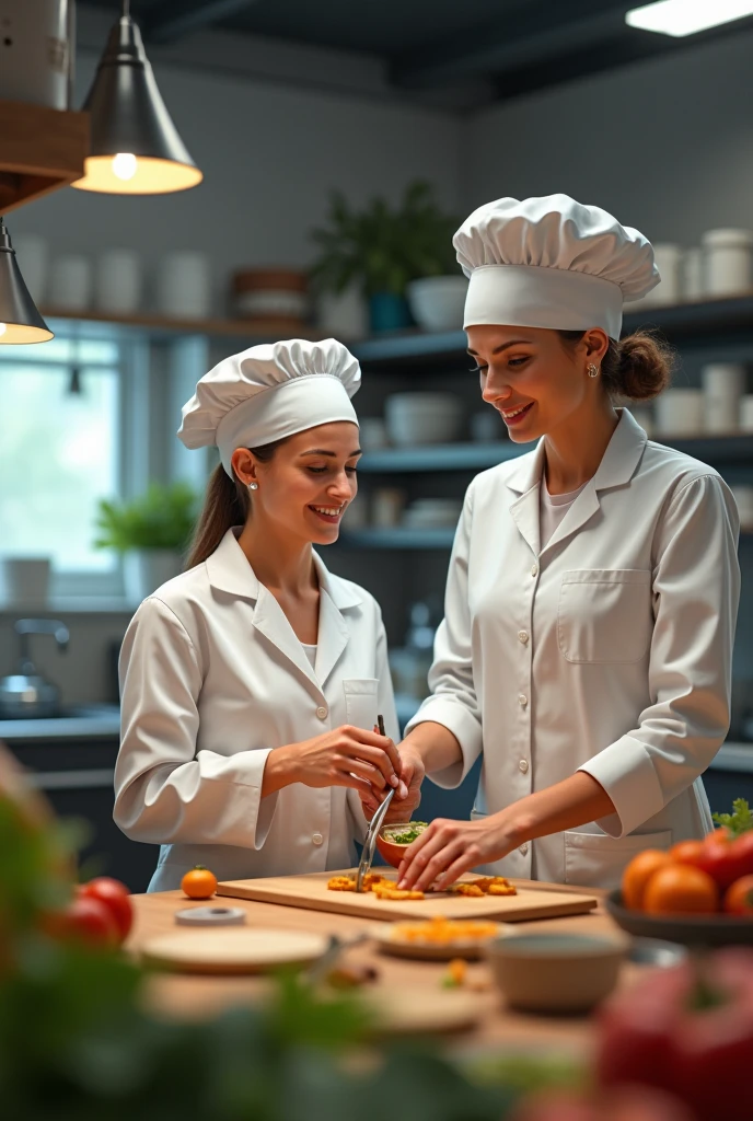 2 women. An intern, Youngh, of nutrition in a food and nutrition unit, inside a kitchen, with kitchen cap, covering all the hair, the lab coat. with teacher, middle-aged, also dressed the same way, guiding her
