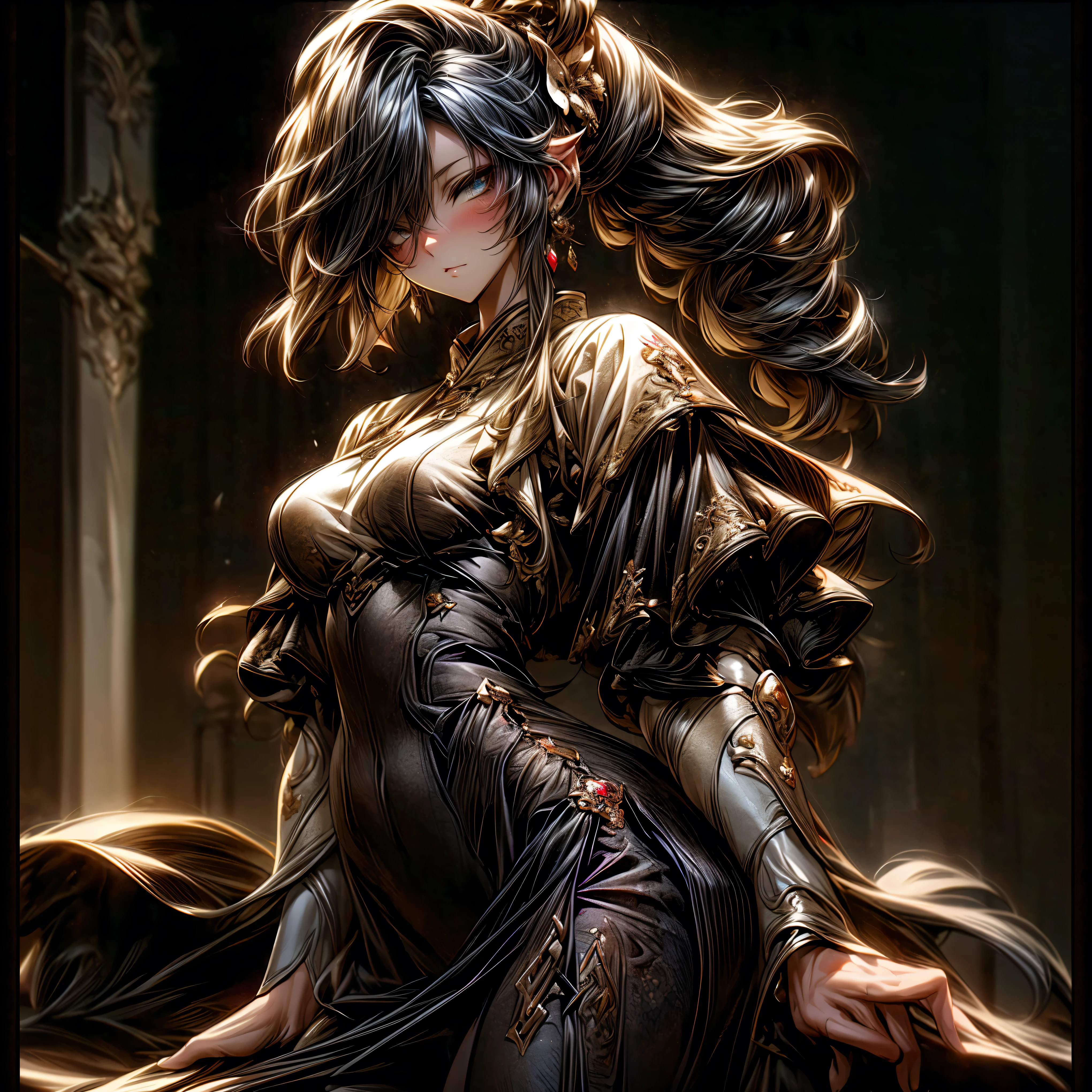 (best quality)), ((Masterpiece)), (details:1.4), 3d, HDR (high dynamic range), an image of a beautiful cyberpunk female, medieval, Black hair, High ponytail, Full body, Beautiful white eyes, จมูกโด่ง, ปากแดง, หน้าอกใหญ่, nvidia RTX, PBR surface, After processing, Anisotropic filtration,depth of field, Maximum clarity and clarity, multi-layered surface, Subsurface scattering, perfect proportions, 8K raw files, ultra detailed, Perfect proportions, volumetric lighting, soft lighting, Holy Paldin, Heavy Golden Armor, Golden dress, glossy skin, intricate Silver embroidery, Castle background, jewely, ต่างหู, นิ้วมือสมบูรณ์, mini Red skirt,