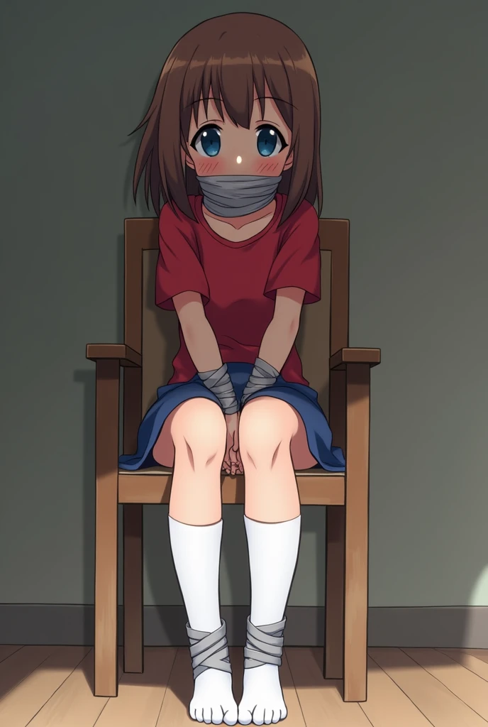 A age anime girl sitting on a chair with her hands and feet tied and gagged with gray tape. Her hair is brown, her eyes are blue, she is wearing a red shirt, a blue skirt, and long white socks. She has a blush mark on her cheeks.