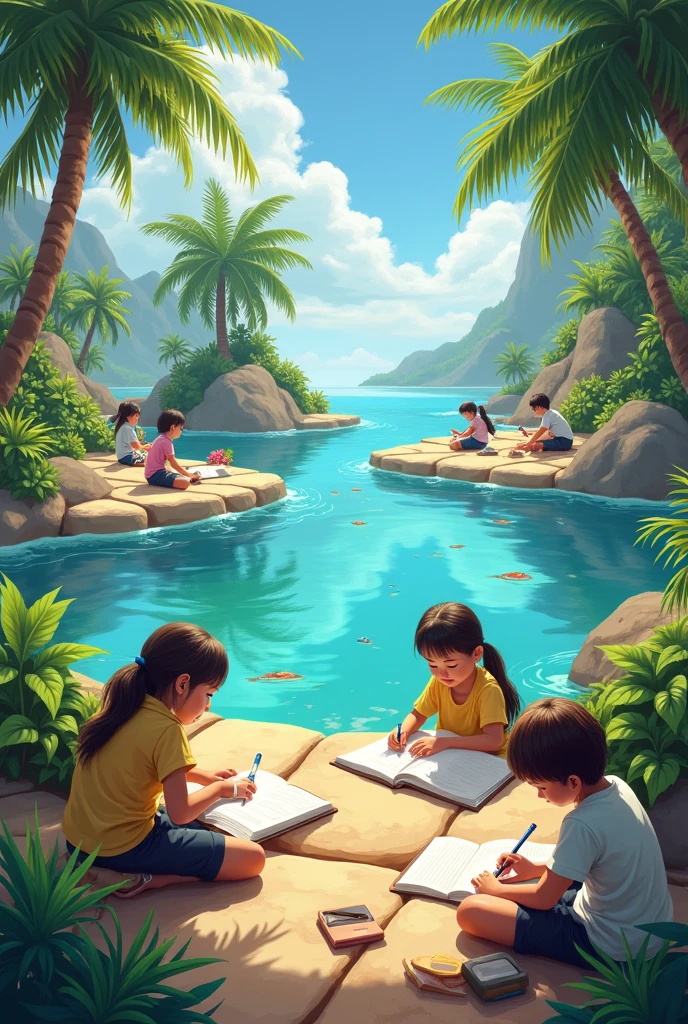 Create an image of children studying on islands