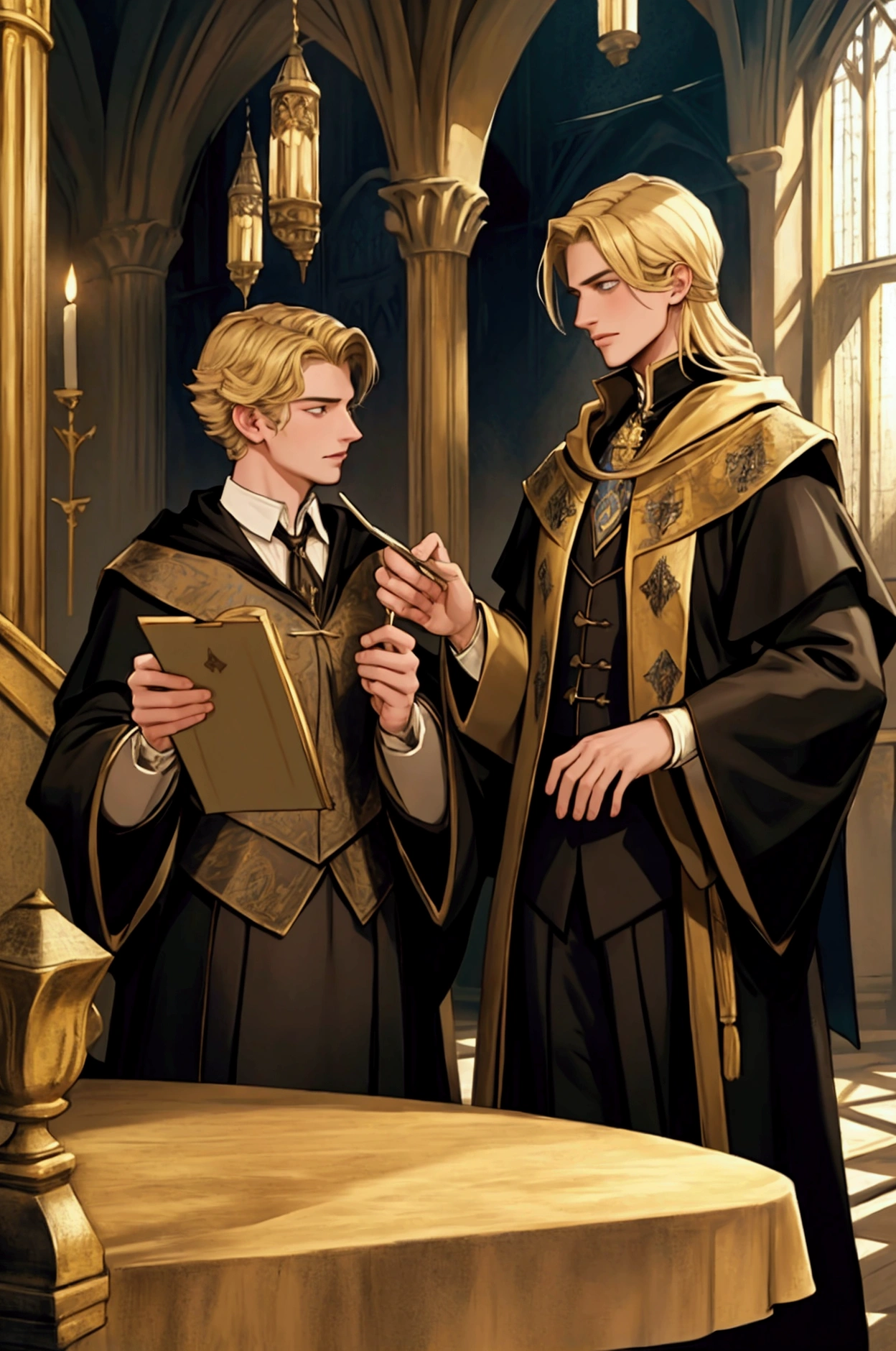 Two aristocratic guys. Odrn blond, another brunette. Hogwarts. high quality.