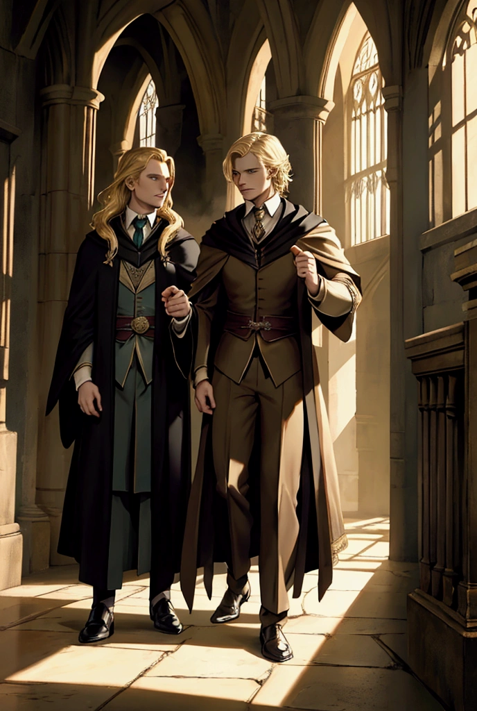 Two aristocratic guys. Odrn blond, another brunette. Hogwarts. high quality.