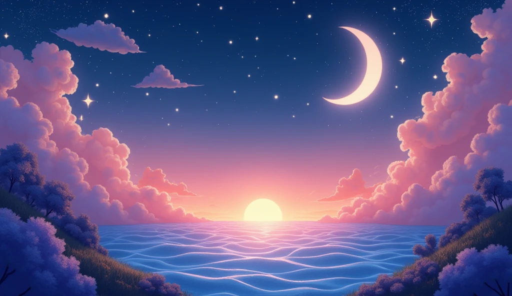 Create a vibrant and colorful banner for a YouTube channel focused on sleep meditation, bedtime stories, and relaxation. The banner should evoke a calm yet cheerful atmosphere, using bright colors like warm yellows, pinks, and oranges, along with soft blues and purples. The design should include a serene night sky, a crescent moon, stars, and glowing lights, with no text. Add subtle imagery like a cozy bed, floating clouds, or a peaceful landscape with gentle waves. The overall style should be inviting, calming, and visually appealing, encouraging relaxation and positive energy