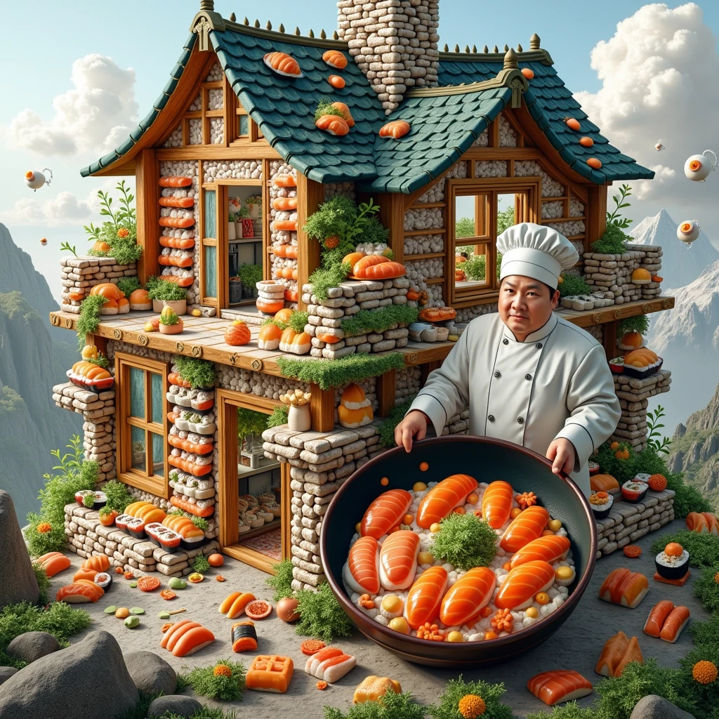 ((masterpiece, 8k, best quality, 8k, super realistic, high resolution:1.3)), realistic house, 2 storey house, 2 meter house, house made of sushi, sushi world, Sashimi in a frying pan, chimney coming out eggs, wasabi world, I cook a lot of rice, walls built of varieties of Japanese sushi.